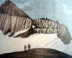 Dibujo histórico del cabalgamiento de Glaris en los Tschingelhörner realizado en 1812.
