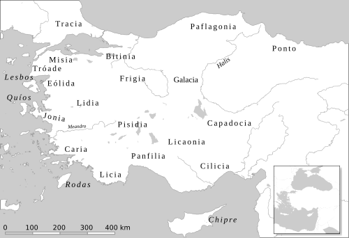 Representación de las regiones históricas de Anatolia en los periodos prehelénico y helénico