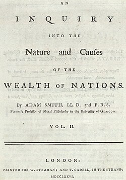 Portada histórica de la obra La riqueza de las naciones de Adam Smith de 1776