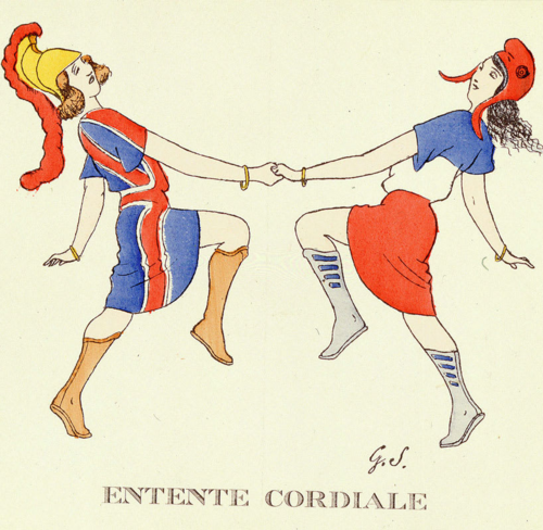 Postal francesa de 1904 que muestra a Britania y Marianne bailando juntas.
