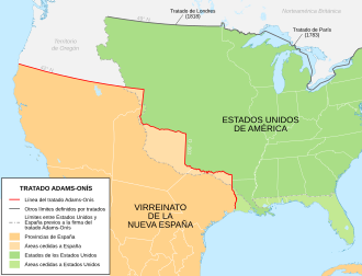 Mapa detallado que muestra el resultado territorial del Tratado de Adams-Onís entre España y Estados Unidos