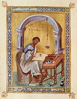 Ilustración bizantina de Lucas escribiendo