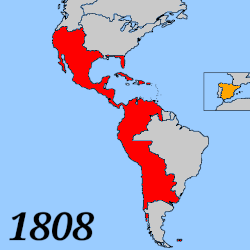 Mapa animado de la revolución hispanoamericana entre 1808 y 1825 mostrando el control realista, juntas independientes y estados declarados.