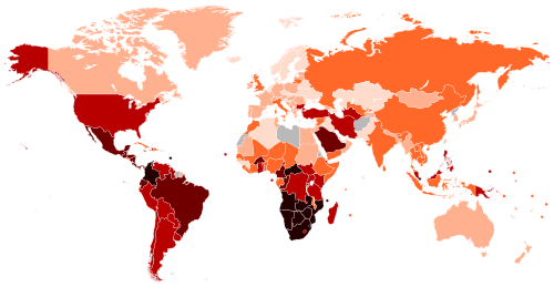 Mapa mundial coloreado que muestra los últimos coeficientes de Gini registrados por países entre 1990 y 2020.