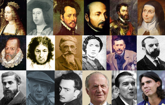 Composición iconográfica con figuras históricas representativas de España.