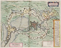 Mapa histórico del asedio de Breda cartografiado por Joan Blaeu.