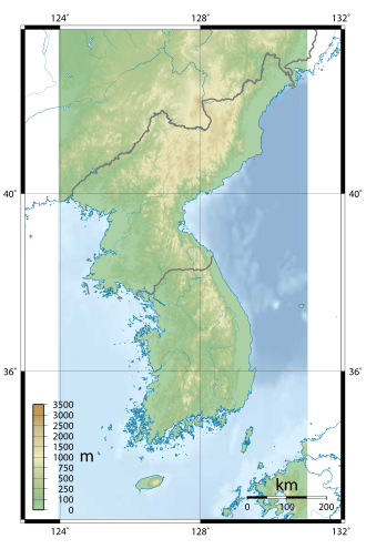 Mapa topográfico de la península de Corea con las fronteras de Corea del Norte y Corea del Sur