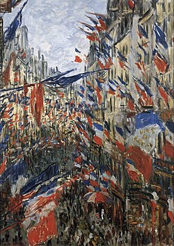 Calle Montorgueil decorada con banderas en una obra de Claude Monet.