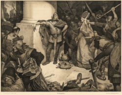 Escena de la época vikinga en una litografía en color.