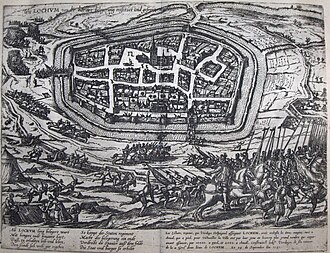 Grabado histórico que representa la liberación de Lochem de la Armada Española en 1582 por Frans Hogenberg