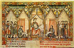 Miniatura histórica de las Cantigas de Santa María que muestra a Alfonso X el Sabio dictando