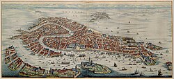 Representación cartográfica e ilustración histórica de Venecia a finales del siglo XVII