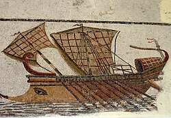 Un trirreme romano representado en un mosaico de Cartago conservado en el Museo del Bardo de Túnez.