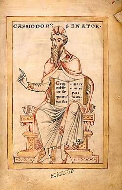 Representación histórica de Casiodoro en manuscrito medieval