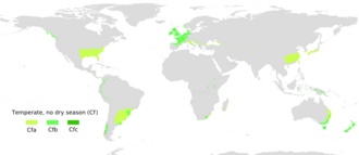 Localización de los climas templados húmedos a nivel global