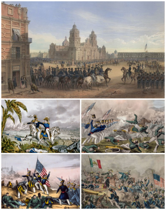Ilustración histórica con escenas de la guerra mexicano-estadounidense