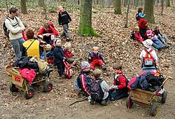Niños pequeños participando en actividades al aire libre en un Kindergarten en el bosque.