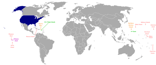 Mapa general de los territorios y posesiones de Estados Unidos bajo distintas categorías administrativas