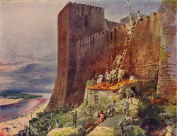 Grabado histórico que ilustra la conquista cristiana de Santarém