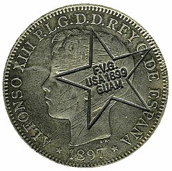 Peseta española con marca de la ocupación estadounidense
