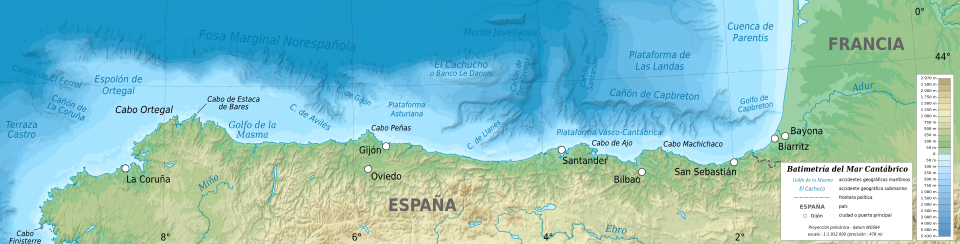 Mapa batimétrico del mar Cantábrico