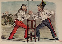 Ilustración satírica de Eduardo Sojo en El Motín representando un pulso entre Martínez Campos y Sagasta.