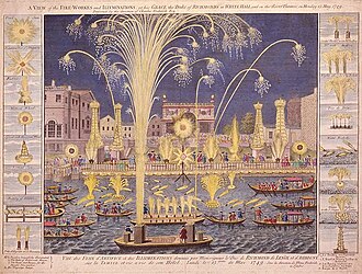Ilustración histórica de fuegos artificiales sobre el Támesis en 1749