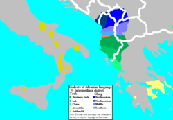 Mapa que muestra los territorios etno-lingüísticos albaneses e italo-albaneses en el sur de Italia.