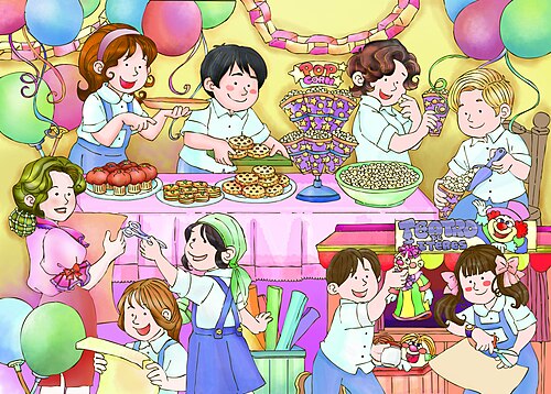 Caricatura que describe los preparativos de una fiesta infantil