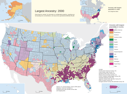 Mapa de la ascendencia más común por condado en el año 2000.