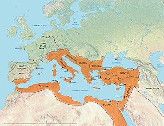 Mapa del Imperio bizantino en el año 550