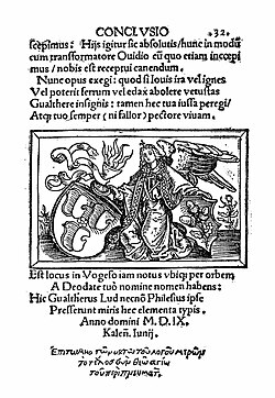 Página de conclusión de la Grammatica figurata con blasones heráldicos.