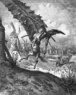 Ilustración de Don Quijote y los molinos