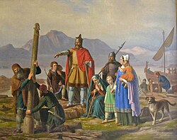 Pintura artística que representa a Ingólfur Arnarson estableciendo el asentamiento