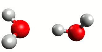 Esquema animado de la reacción de autoionización del agua.