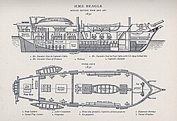 Pintura del HMS Beagle durante su segundo viaje en 1832