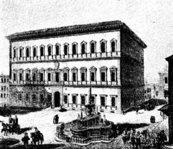 Grabado histórico del Palacio Farnesio realizado por Giuseppe Vasi en el siglo XVIII