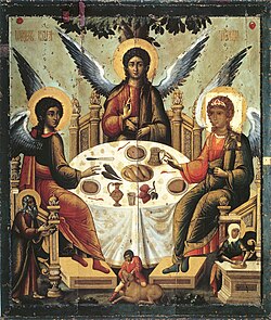 Icono ruso tradicional que representa la escena de la Santa Trinidad