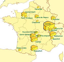Mapa de zonas productoras de queso en Francia