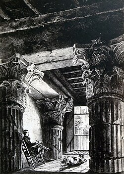 Grabado histórico del piso superior del templo de Augusto realizado por Francisco Javier Parcerisa en 1837