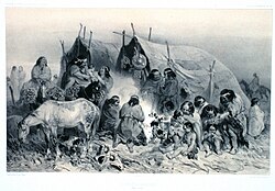 Dibujo histórico de un grupo de patagones en puerto Peckett durante el viaje de Jules Dumont d'Urville