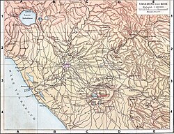 Mapa detallado de la zona del lago Albano y los antiguos asentamientos