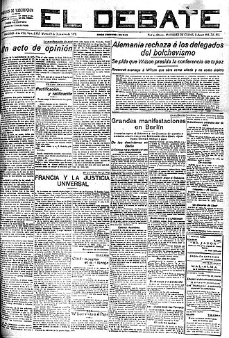 Portada de El Debate correspondiente al 13 de diciembre de 1918