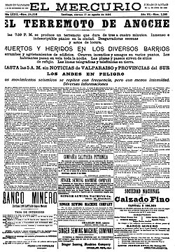 Portada del diario El Mercurio de Santiago en agosto de 1906