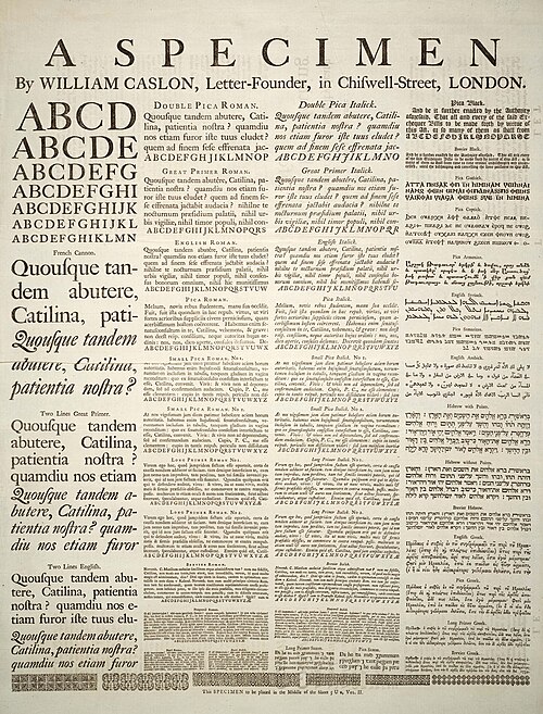 Espécimen de tipos de letra del siglo XVIII