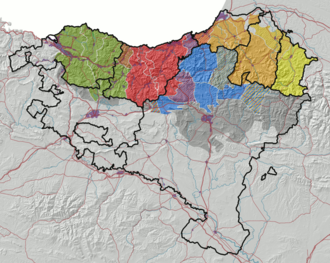 Mapa que muestra la distribución geográfica de los dialectos del euskera según Koldo Zuazo