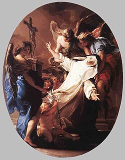 Óleo clásico que muestra el éxtasis religioso de Santa Catalina ante el crucifijo.