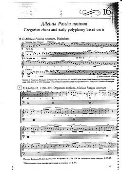 Página de partitura medieval de canto gregoriano con polifonía temprana