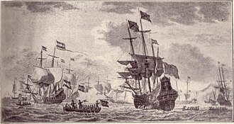 Representación histórica de la captura neerlandesa de la flota del tesoro española en la bahía de Matanzas.