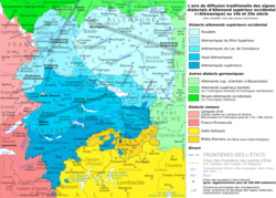Mapa geográfico que delimita las áreas actuales donde se habla el dialecto alamánico